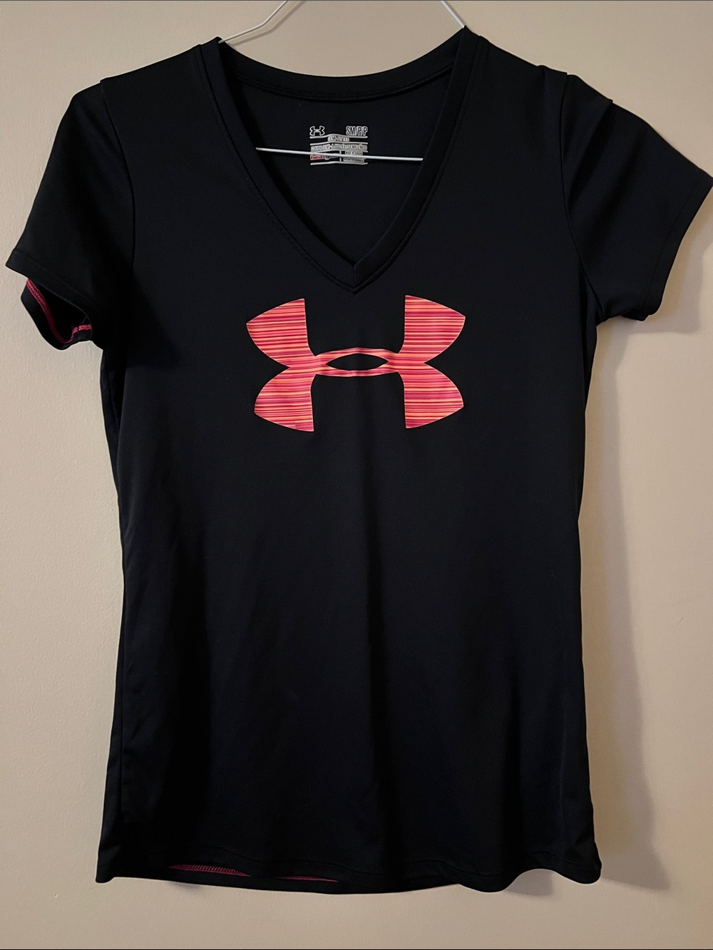 Under Armour Black V-Neck Tee with Pink Stripe Logo
